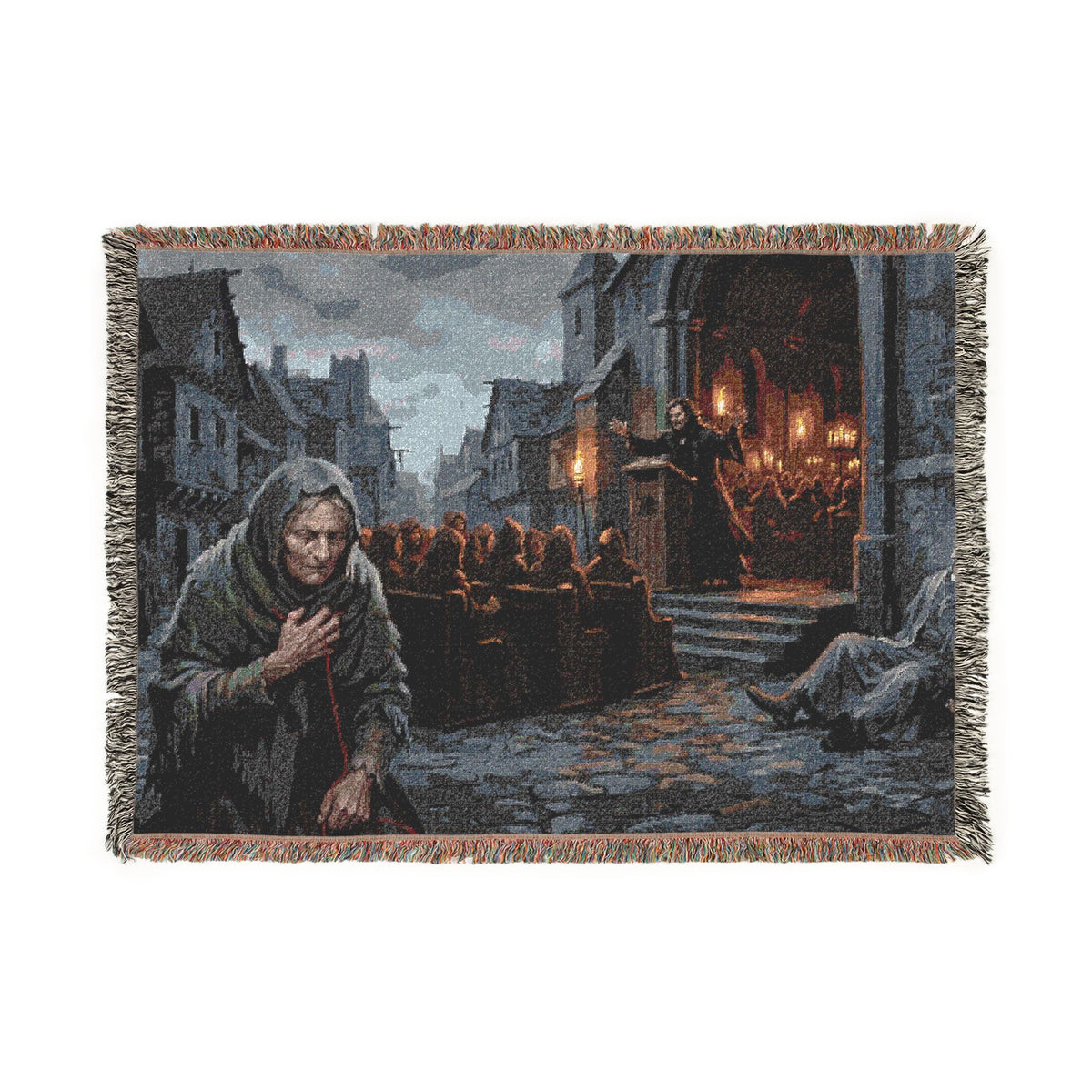 Lantern-Lit Streets Woven Blanket — Hooded Wanderer Medieval Night Throw