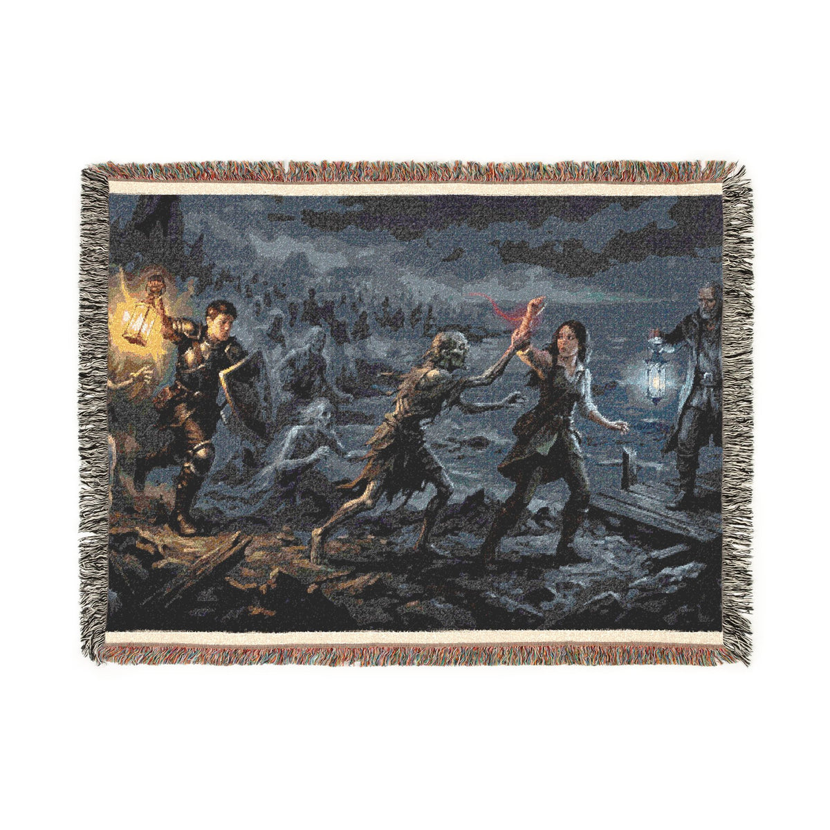 Torchlit Shore Woven Blanket — Misty Night Figures Gothic Throw
