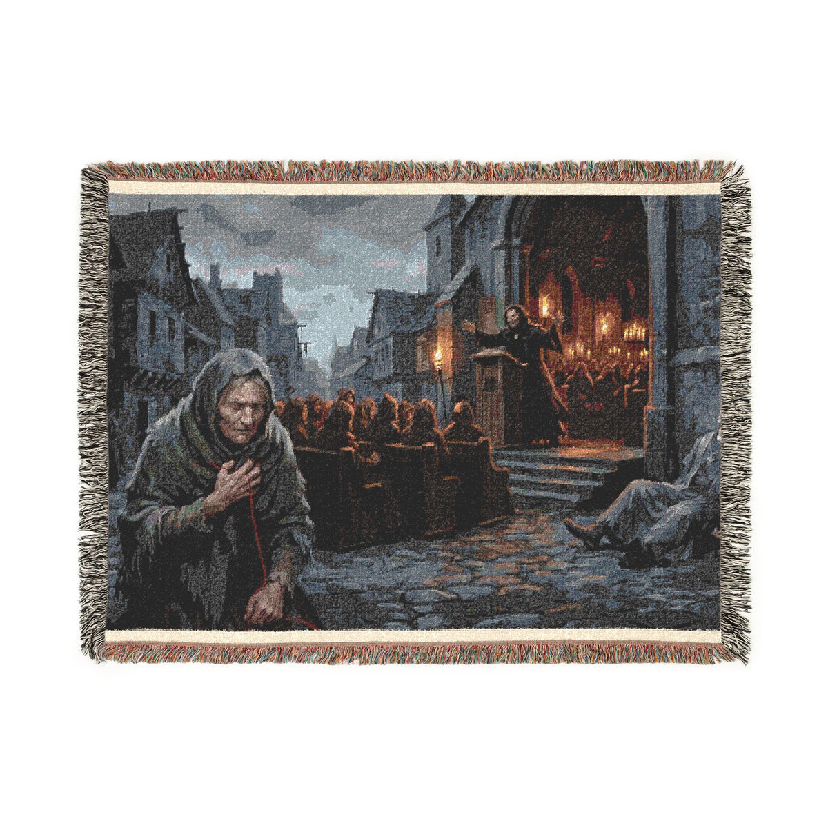 Lantern-Lit Streets Woven Blanket — Hooded Wanderer Medieval Night Throw
