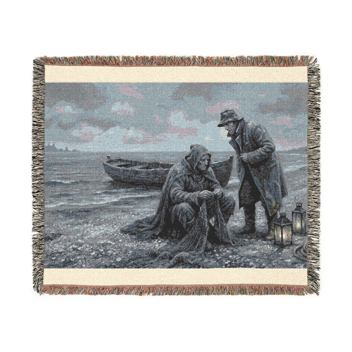 Coastal Fishermen Woven Throw Blanket — Vintage Seaside Nautical Decor