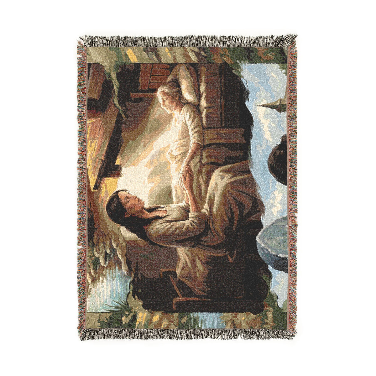 Religious Nativity Woven Blanket — Mary & Baby Jesus Tapestry Throw