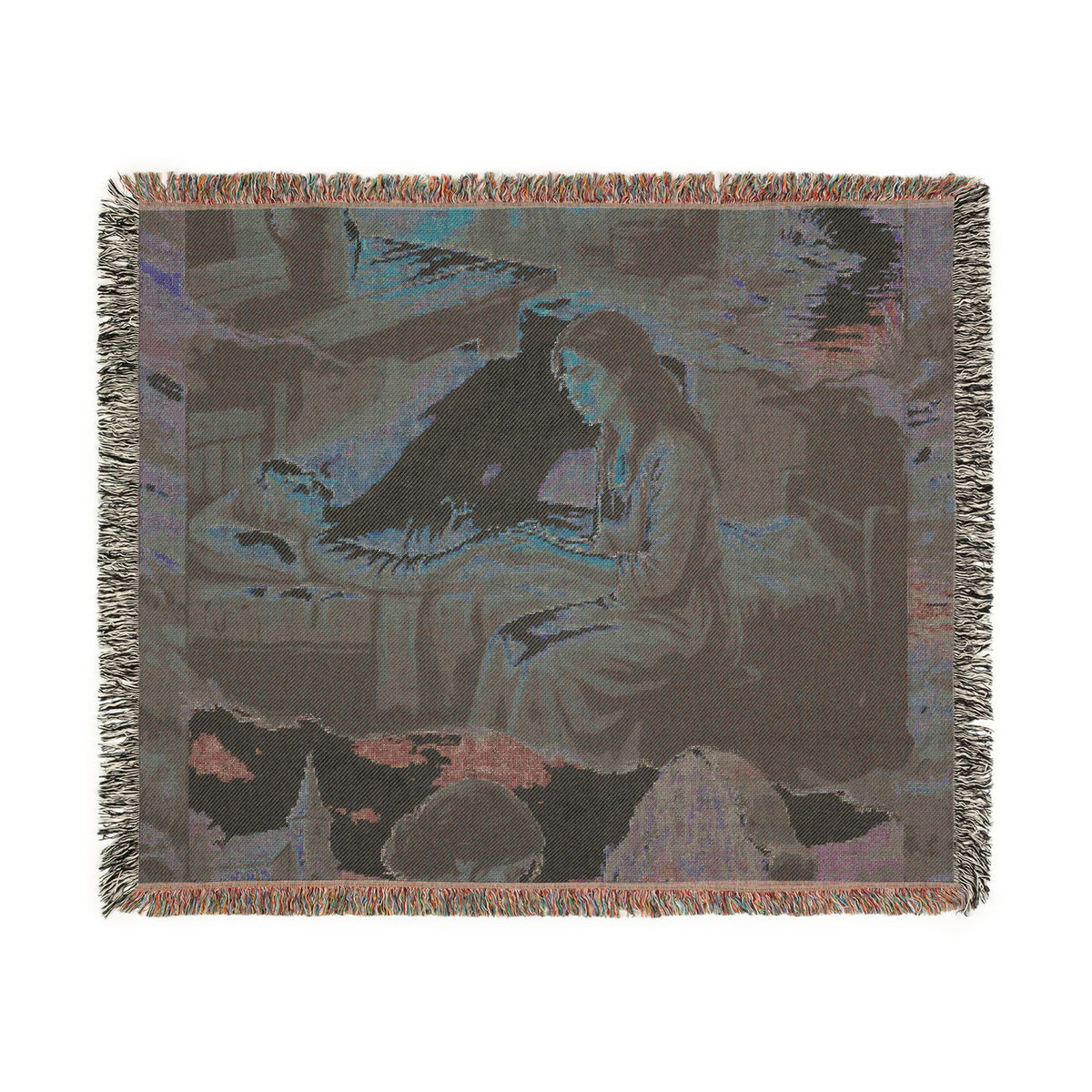 Religious Nativity Woven Blanket — Mary & Baby Jesus Tapestry Throw