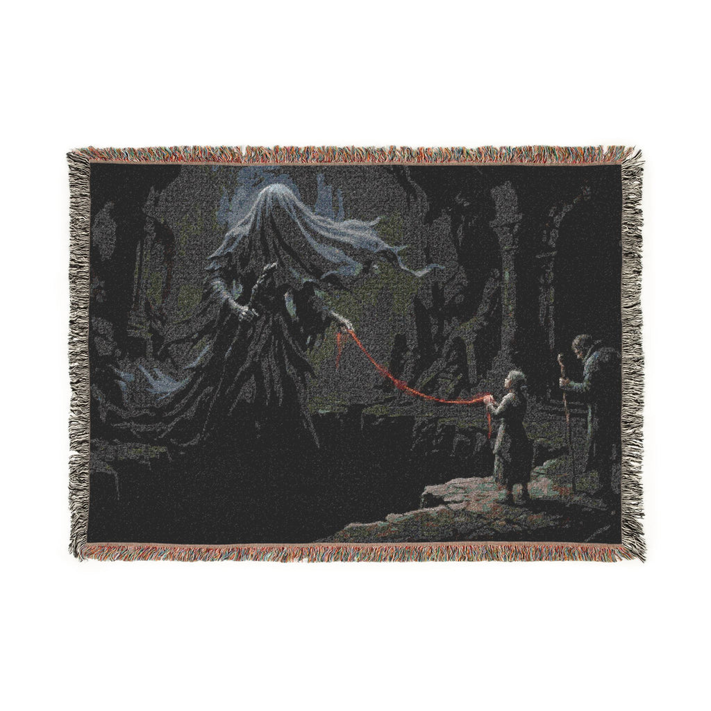 Gothic Forest Woven Blanket – Haunted Hooded Figure Throw for Dark Fantasy Fans