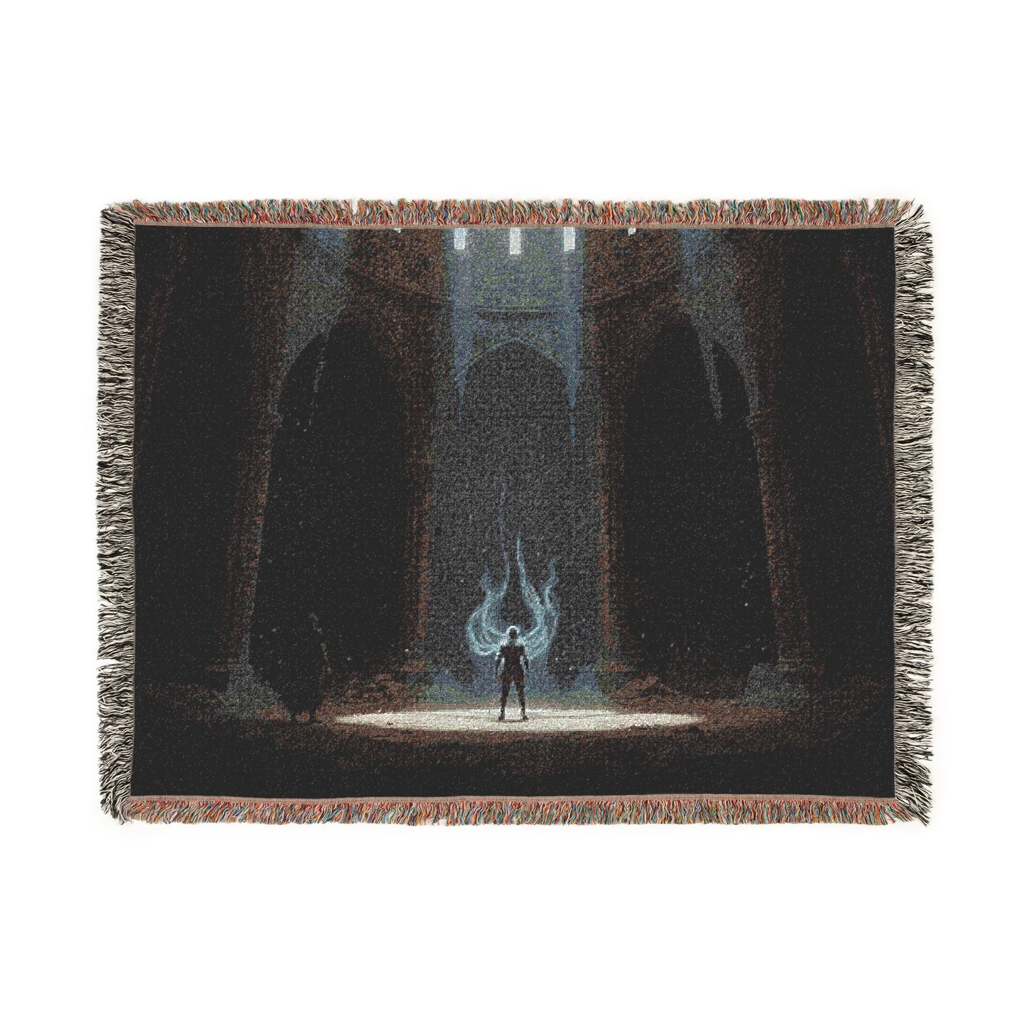 Gothic Cathedral Scene Woven Blanket — Moody Dark Interior Throw