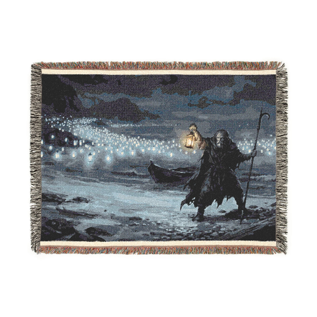 Grim Reaper Lantern Woven Blanket — Gothic Night Cemetery Throw