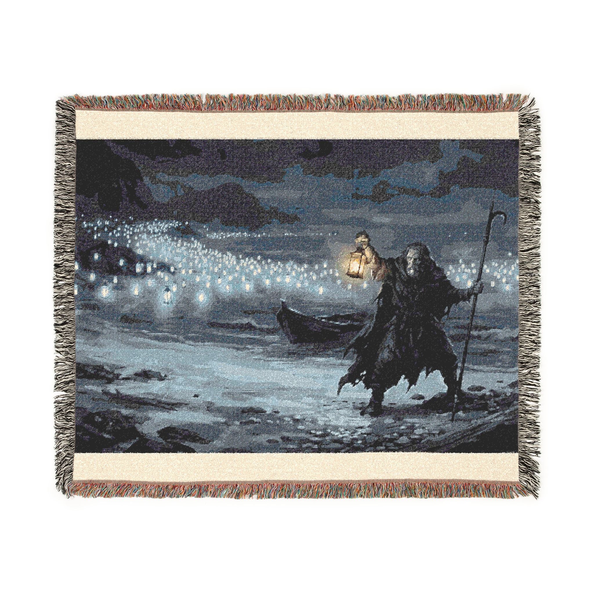 Grim Reaper Lantern Woven Blanket — Gothic Night Cemetery Throw