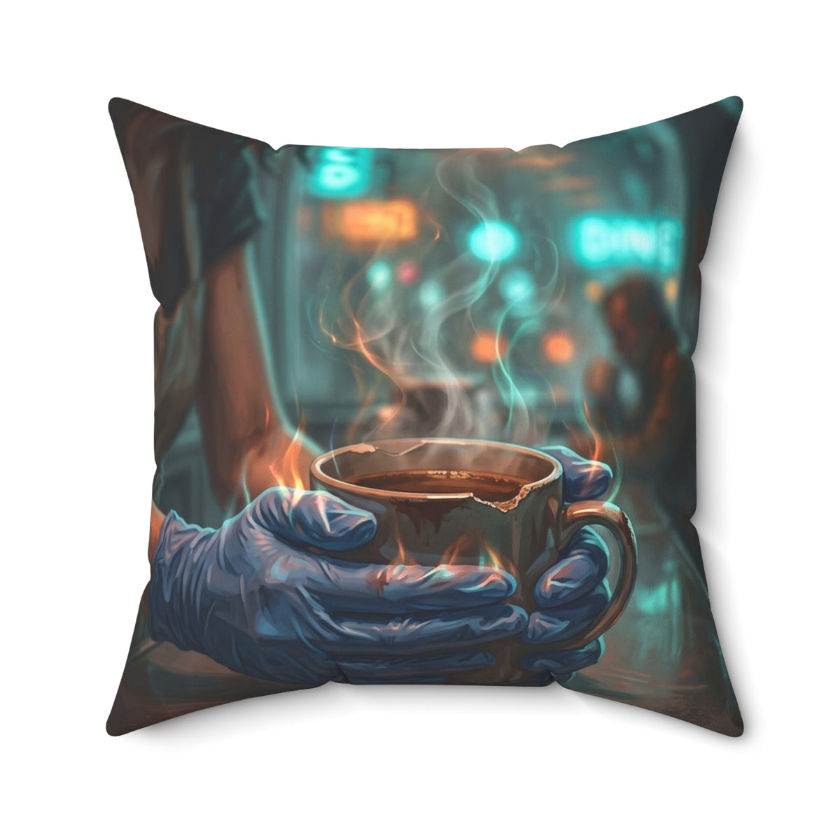 Cold Hands Warm Cup Throw Pillow - Cozy Noir Diner Accent Cushion
