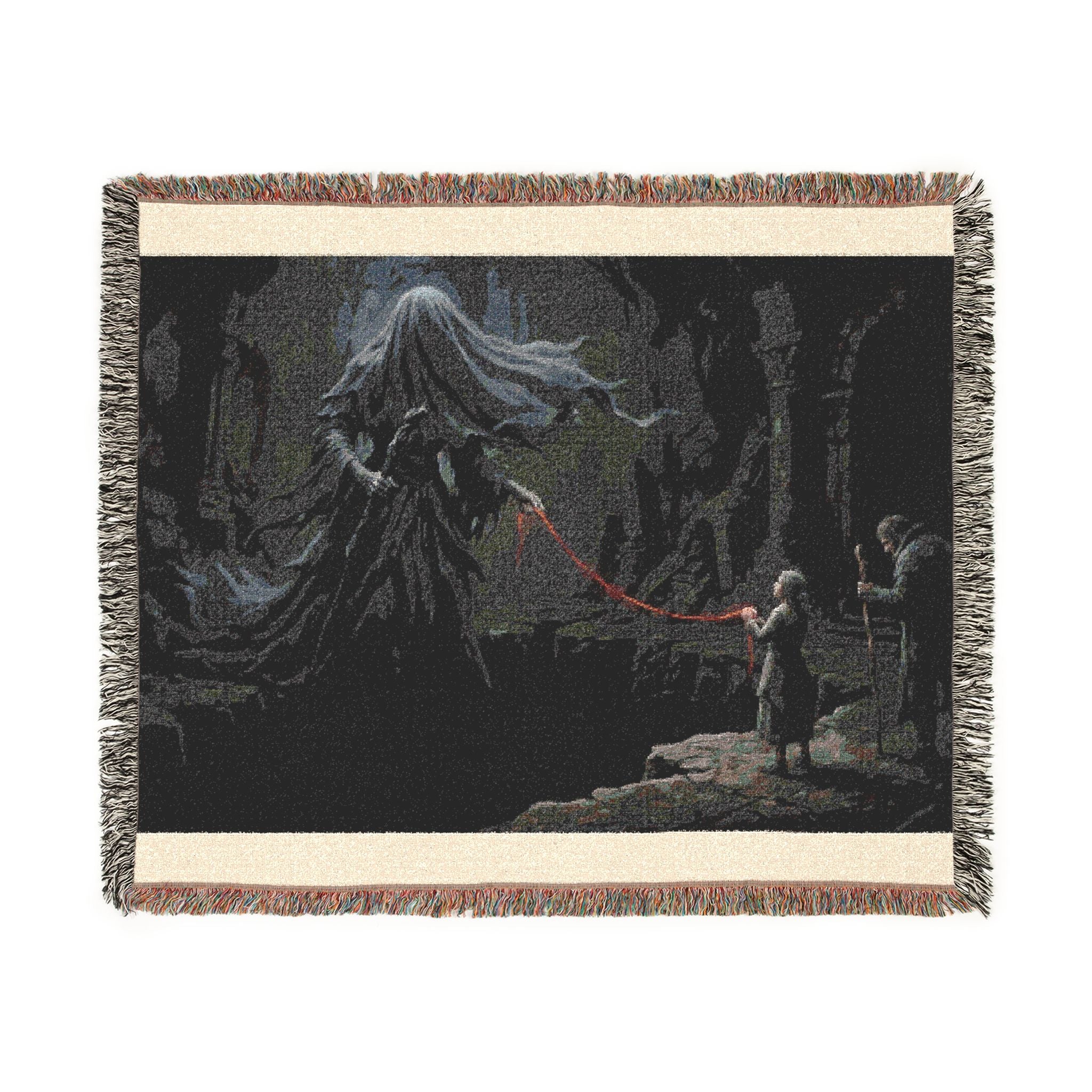 Gothic Forest Woven Blanket – Haunted Hooded Figure Throw for Dark Fantasy Fans