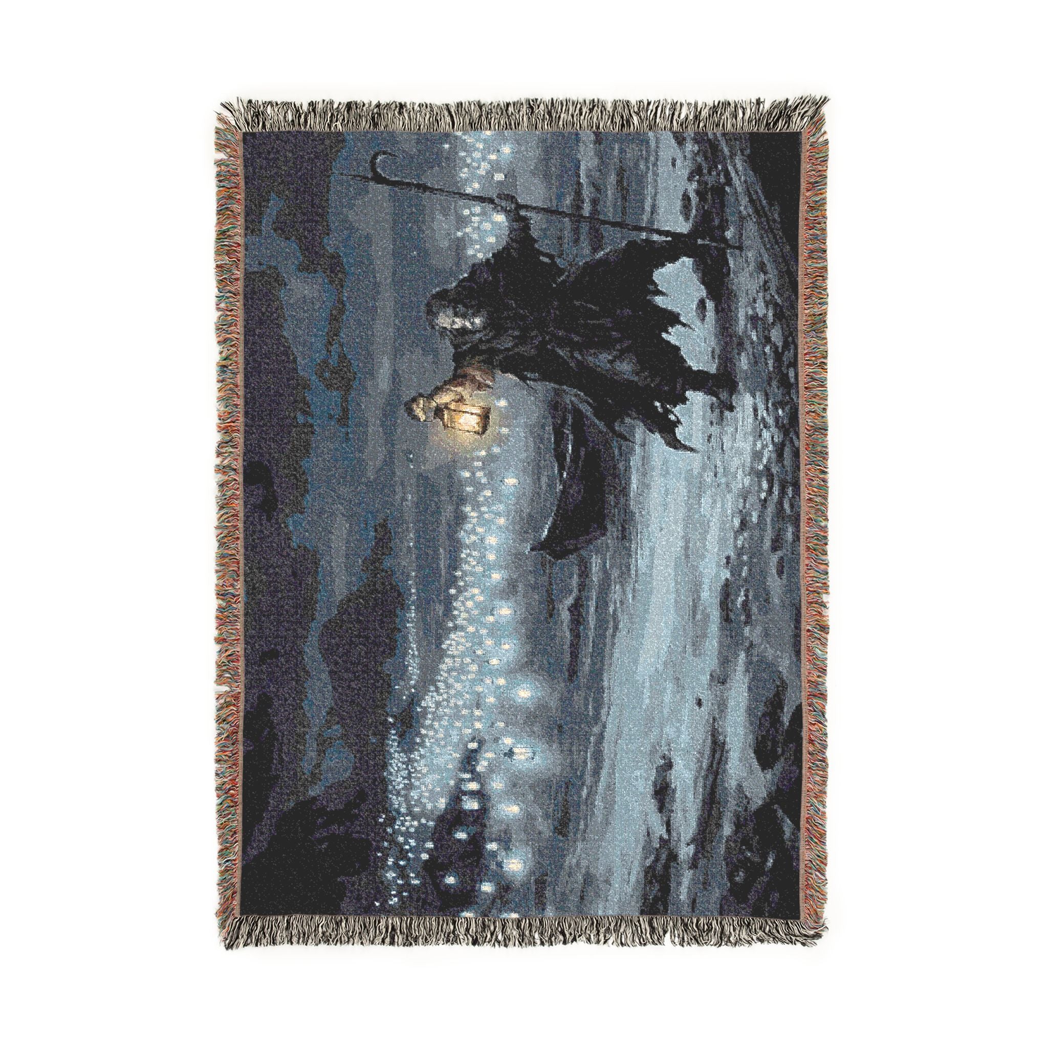Grim Reaper Lantern Woven Blanket — Gothic Night Cemetery Throw