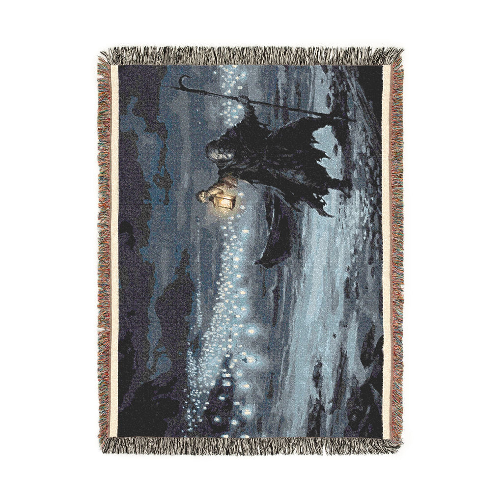 Grim Reaper Lantern Woven Blanket — Gothic Night Cemetery Throw