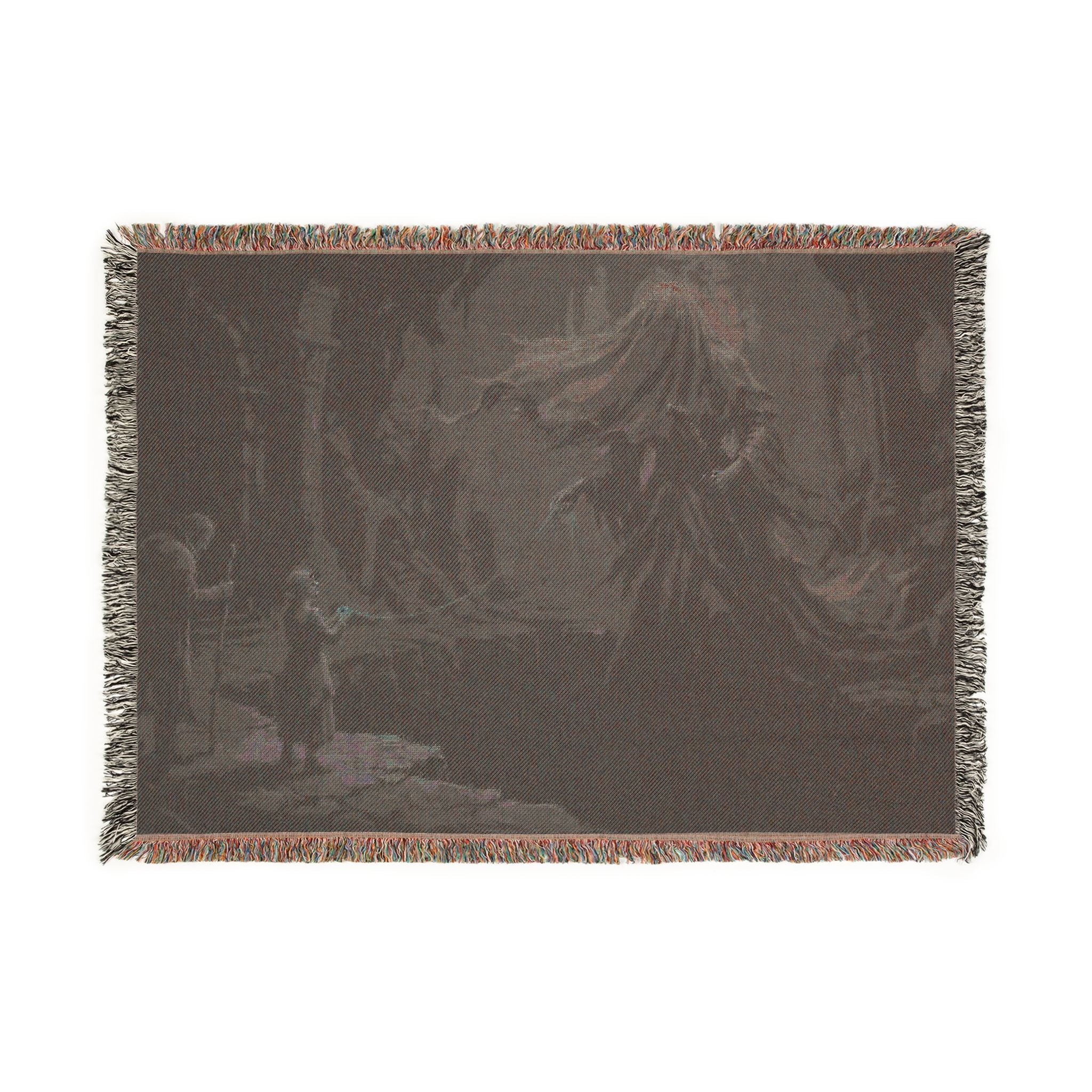 Gothic Forest Woven Blanket – Haunted Hooded Figure Throw for Dark Fantasy Fans