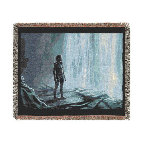 Adventure Scene Woven Blanket — Explorer Silhouette by Waterfall/Volcano