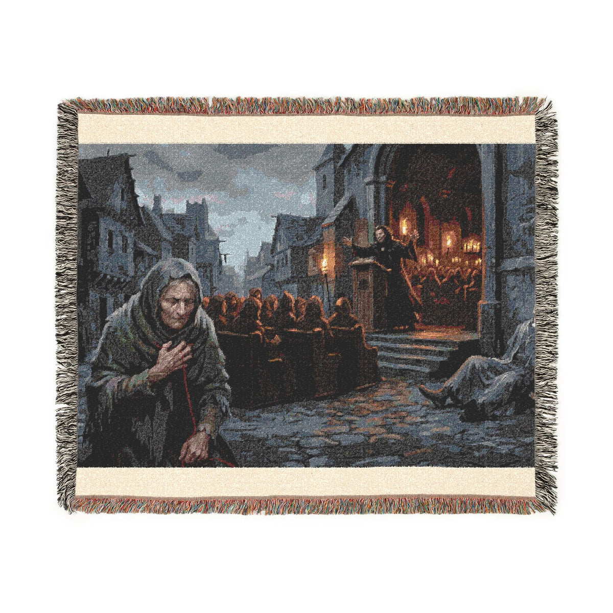 Lantern-Lit Streets Woven Blanket — Hooded Wanderer Medieval Night Throw