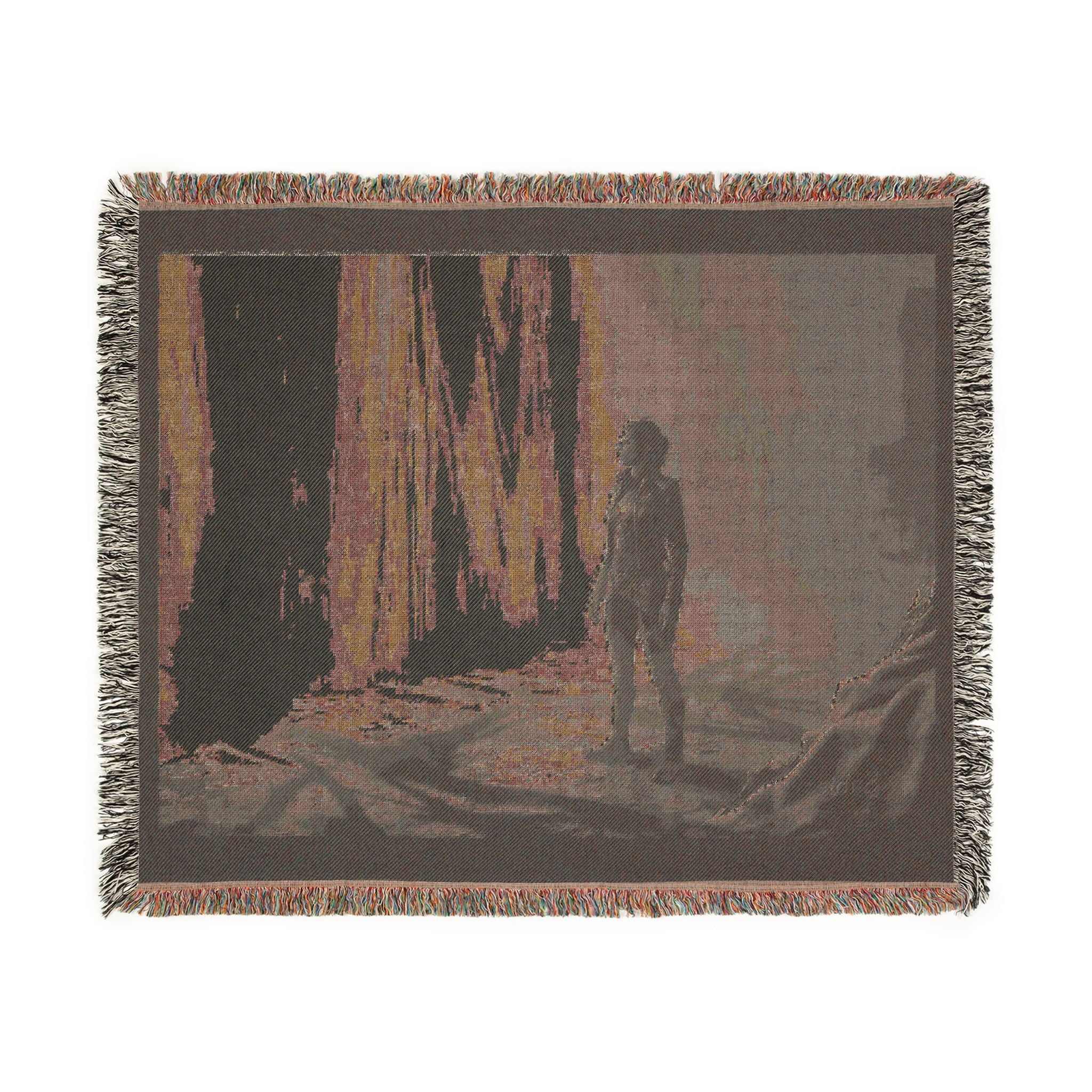 Adventure Scene Woven Blanket — Explorer Silhouette by Waterfall/Volcano