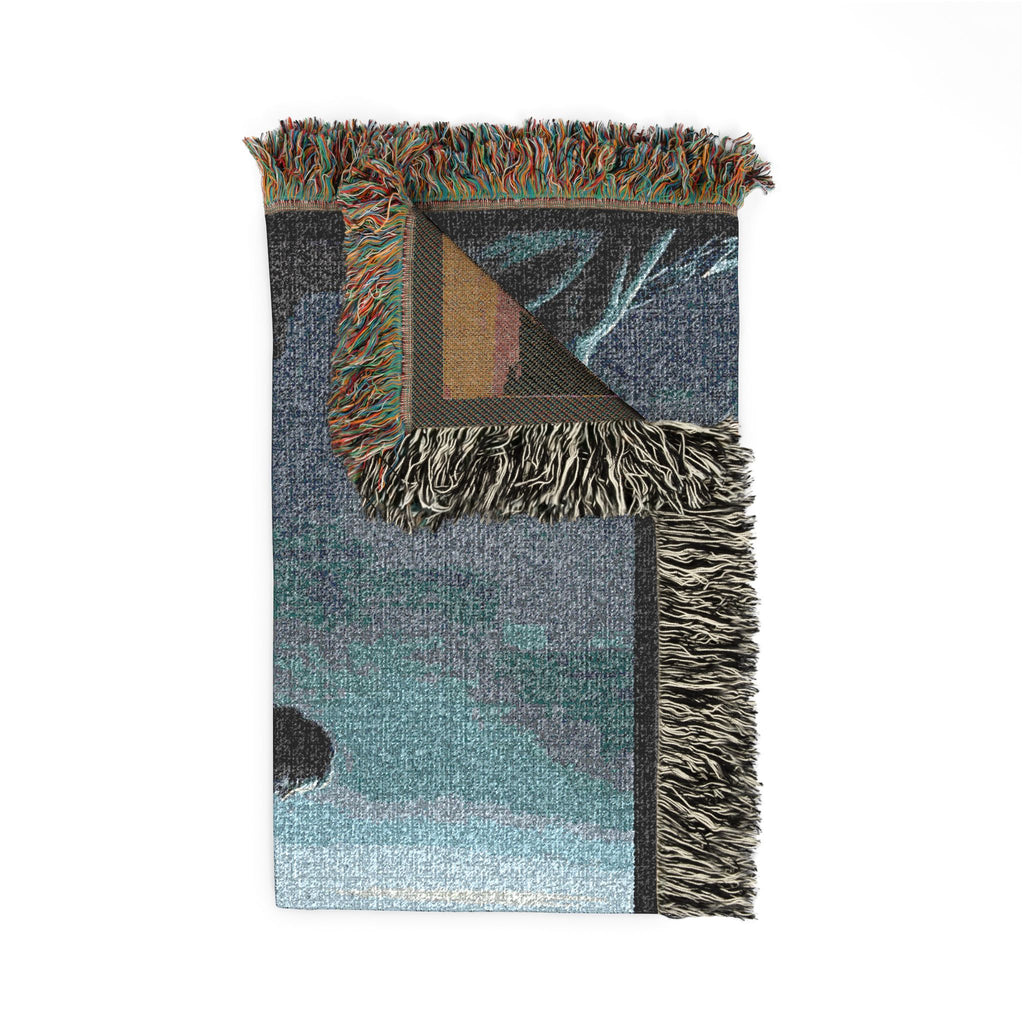Adventure Scene Woven Blanket — Explorer Silhouette by Waterfall/Volcano