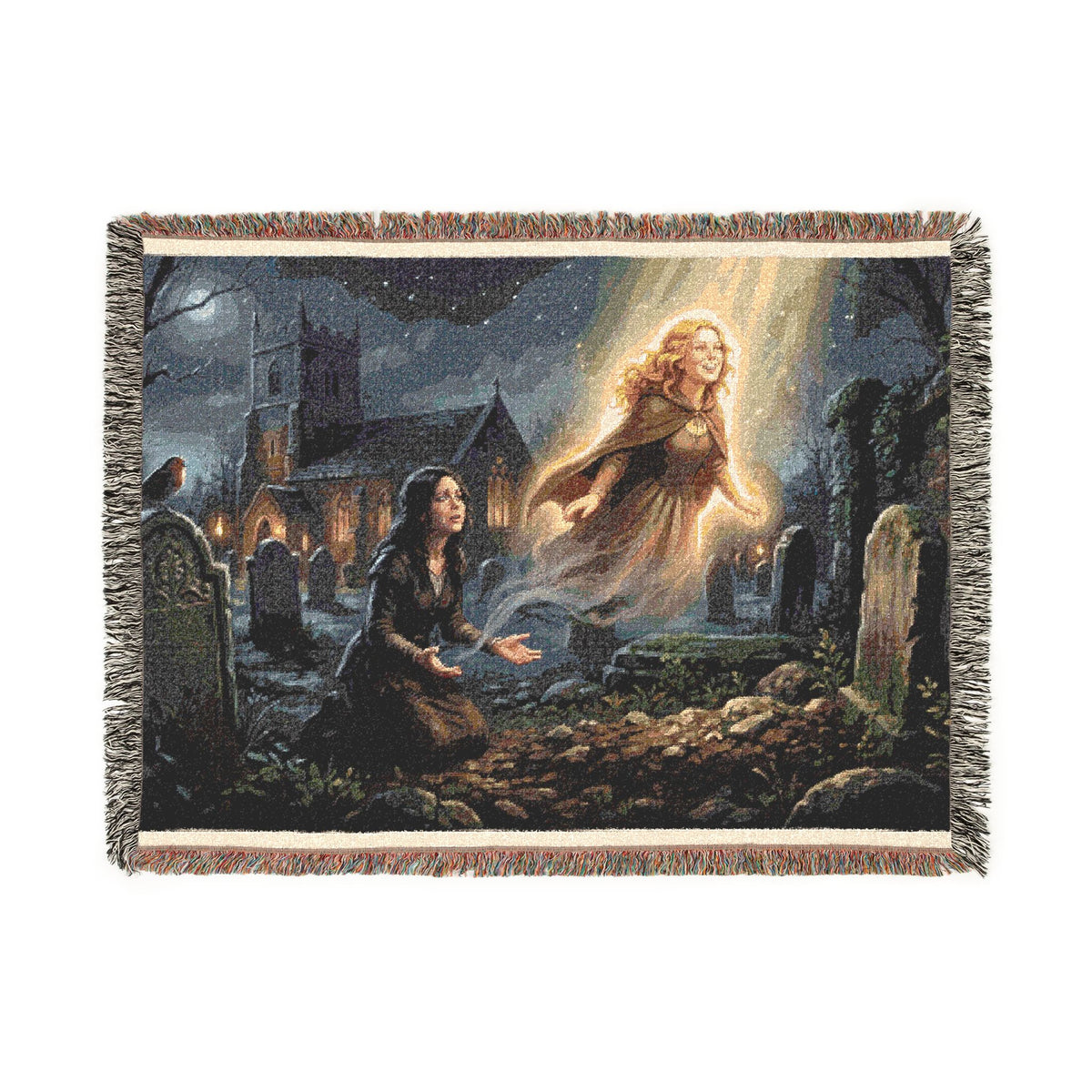 Ghostly Reunion Woven Blanket — Gothic Angel & Graveyard Throw