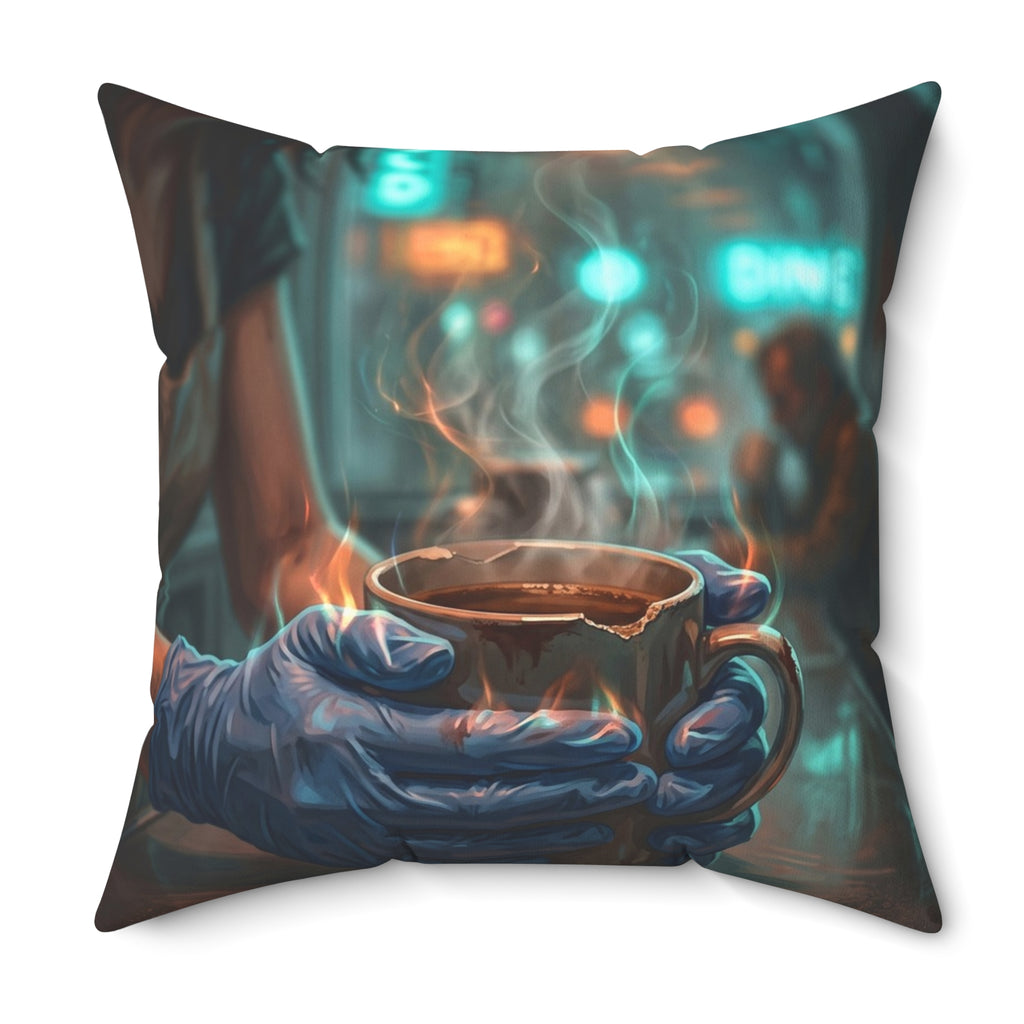Cold Hands Warm Cup Throw Pillow - Cozy Noir Diner Accent Cushion