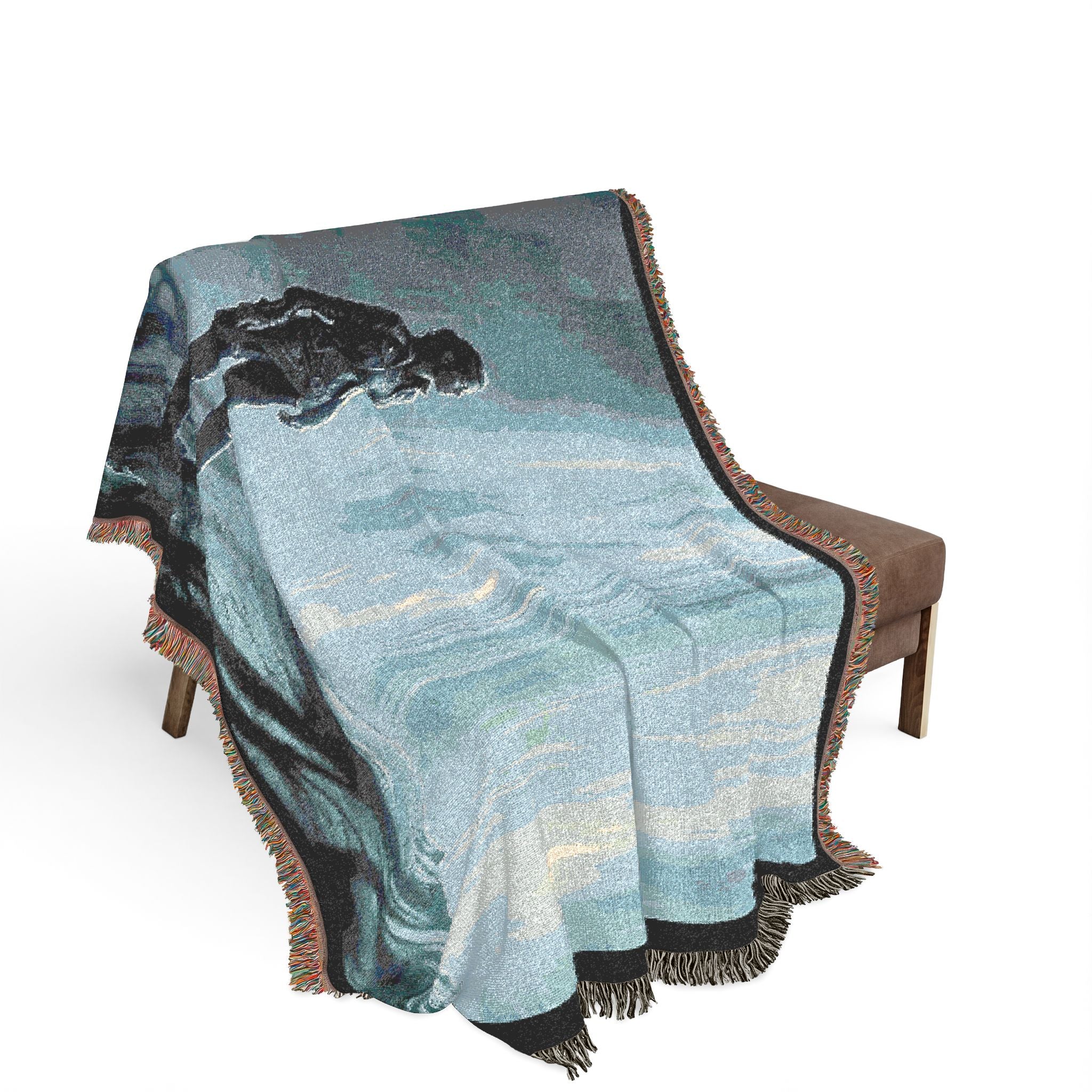 Adventure Scene Woven Blanket — Explorer Silhouette by Waterfall/Volcano