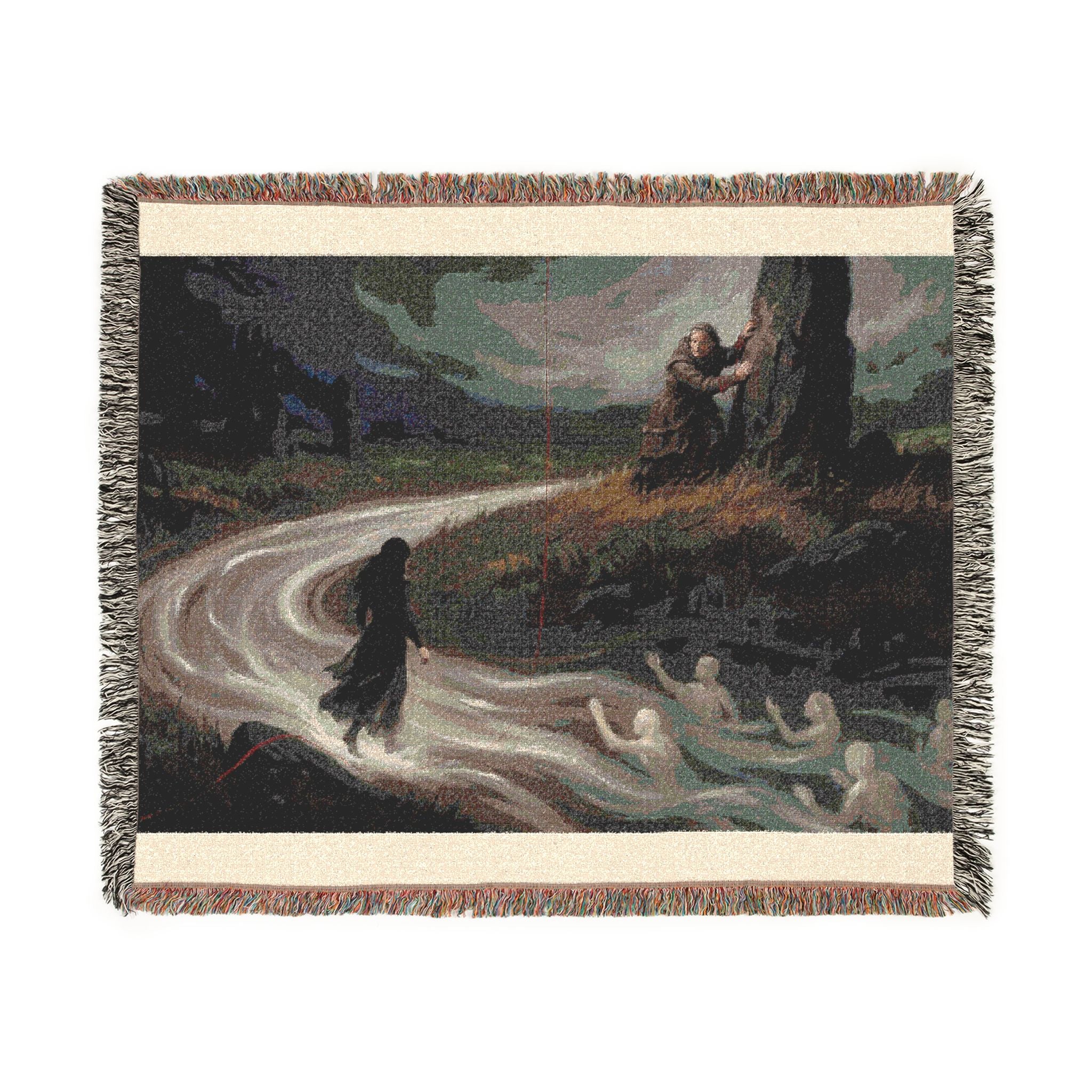 Woven Throw Blanket — Serene River Folklore Scene, Cozy Decorative Accent
