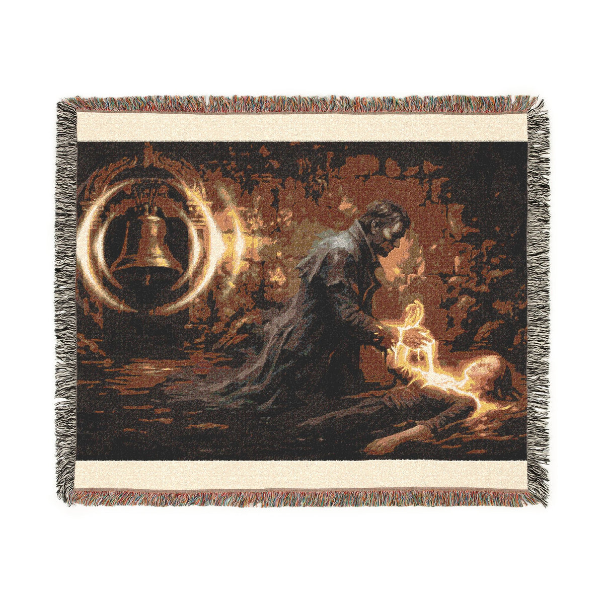 Mystic Bell Woven Blanket — Celtic Raven & Fire Tapestry Throw