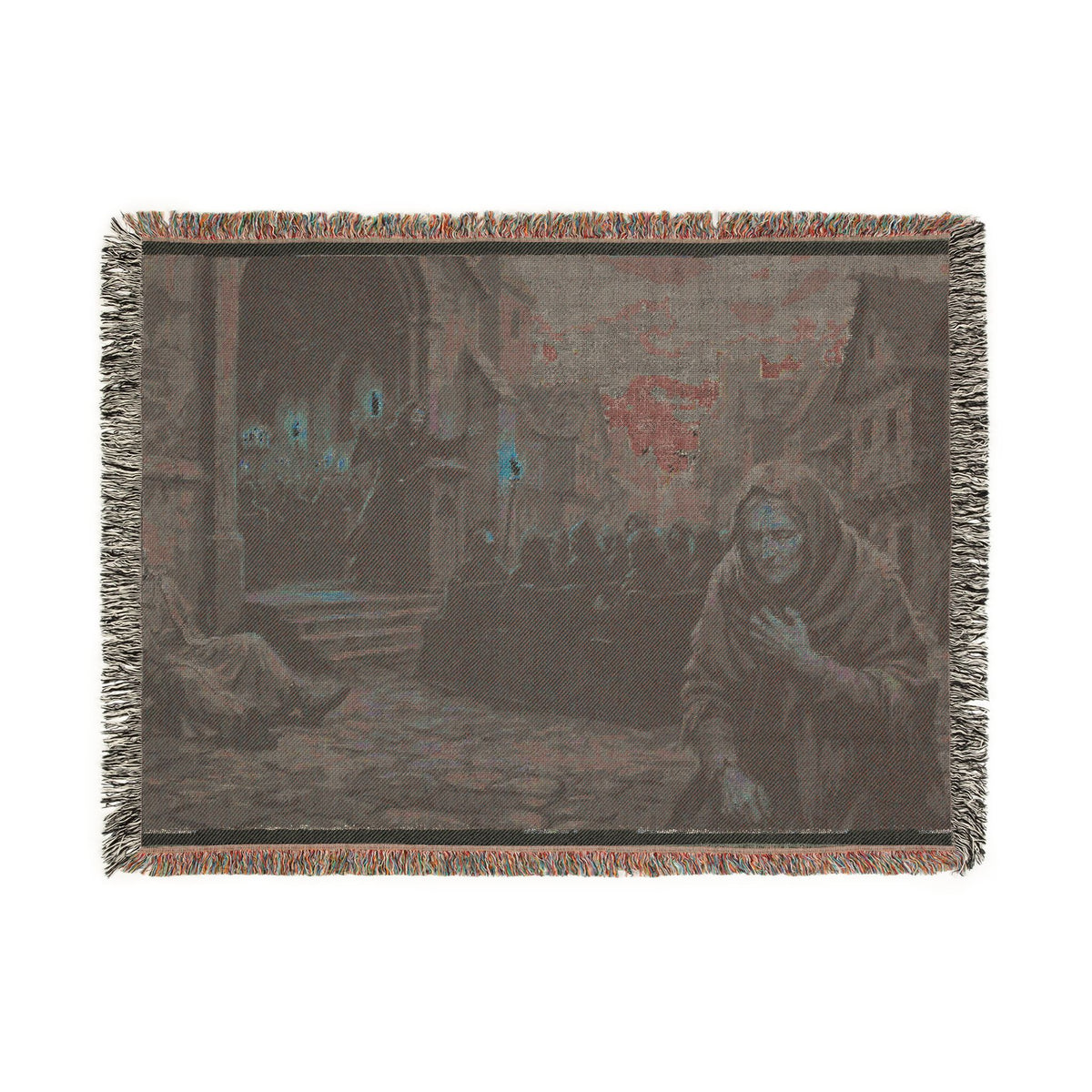 Lantern-Lit Streets Woven Blanket — Hooded Wanderer Medieval Night Throw