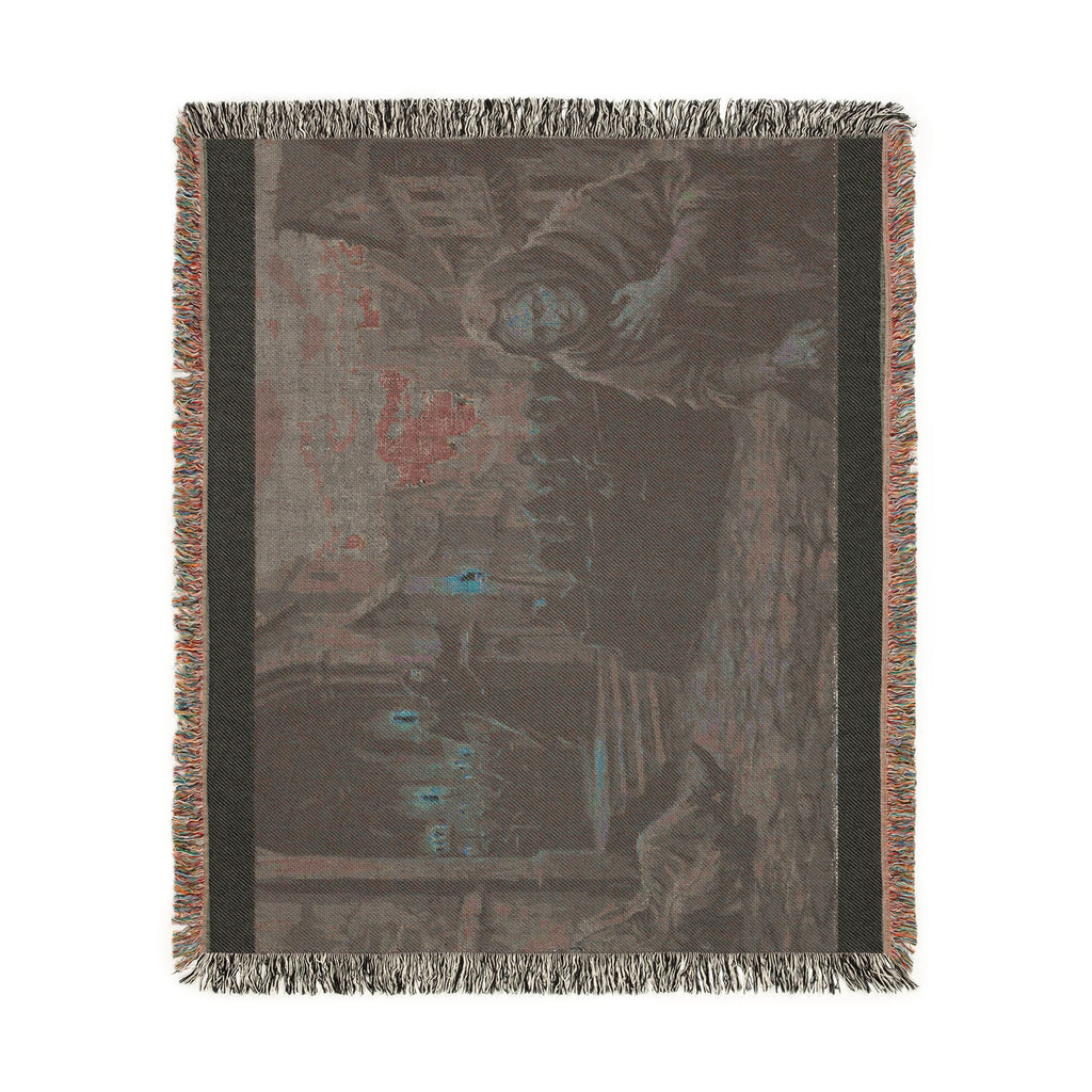 Lantern-Lit Streets Woven Blanket — Hooded Wanderer Medieval Night Throw