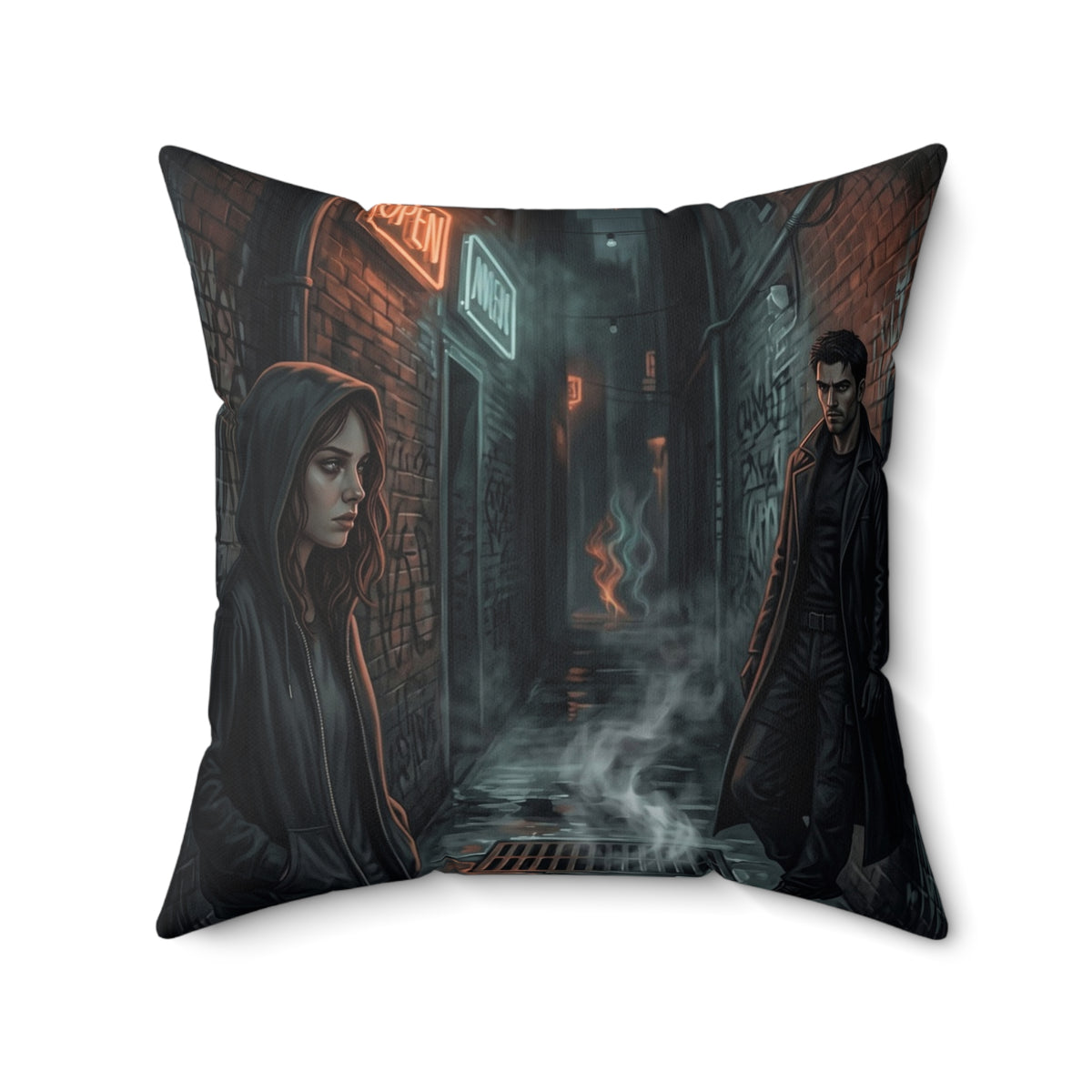 The Hunters Alley Throw Pillow - Neon Noir Dark Romance Accent Cushion