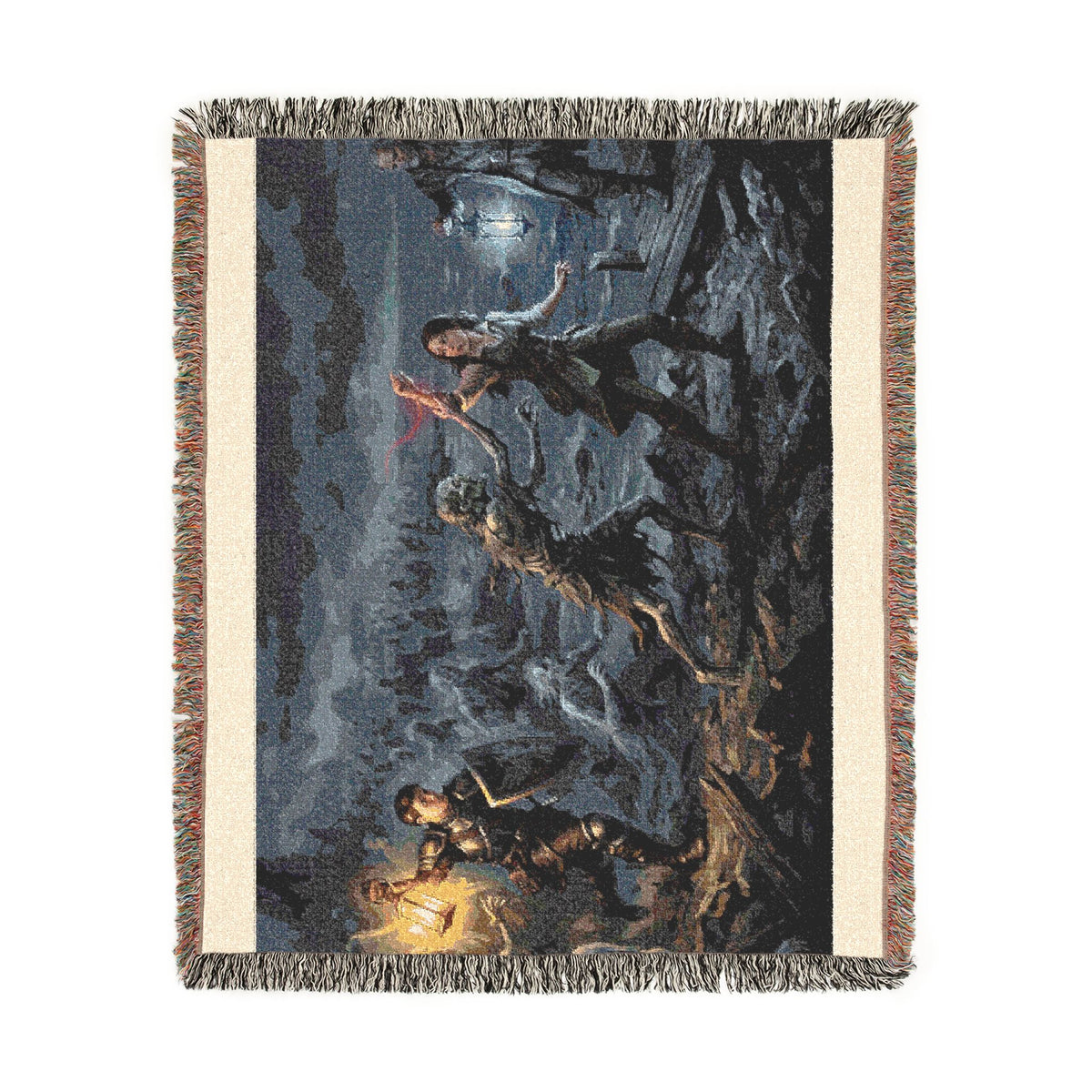 Torchlit Shore Woven Blanket — Misty Night Figures Gothic Throw